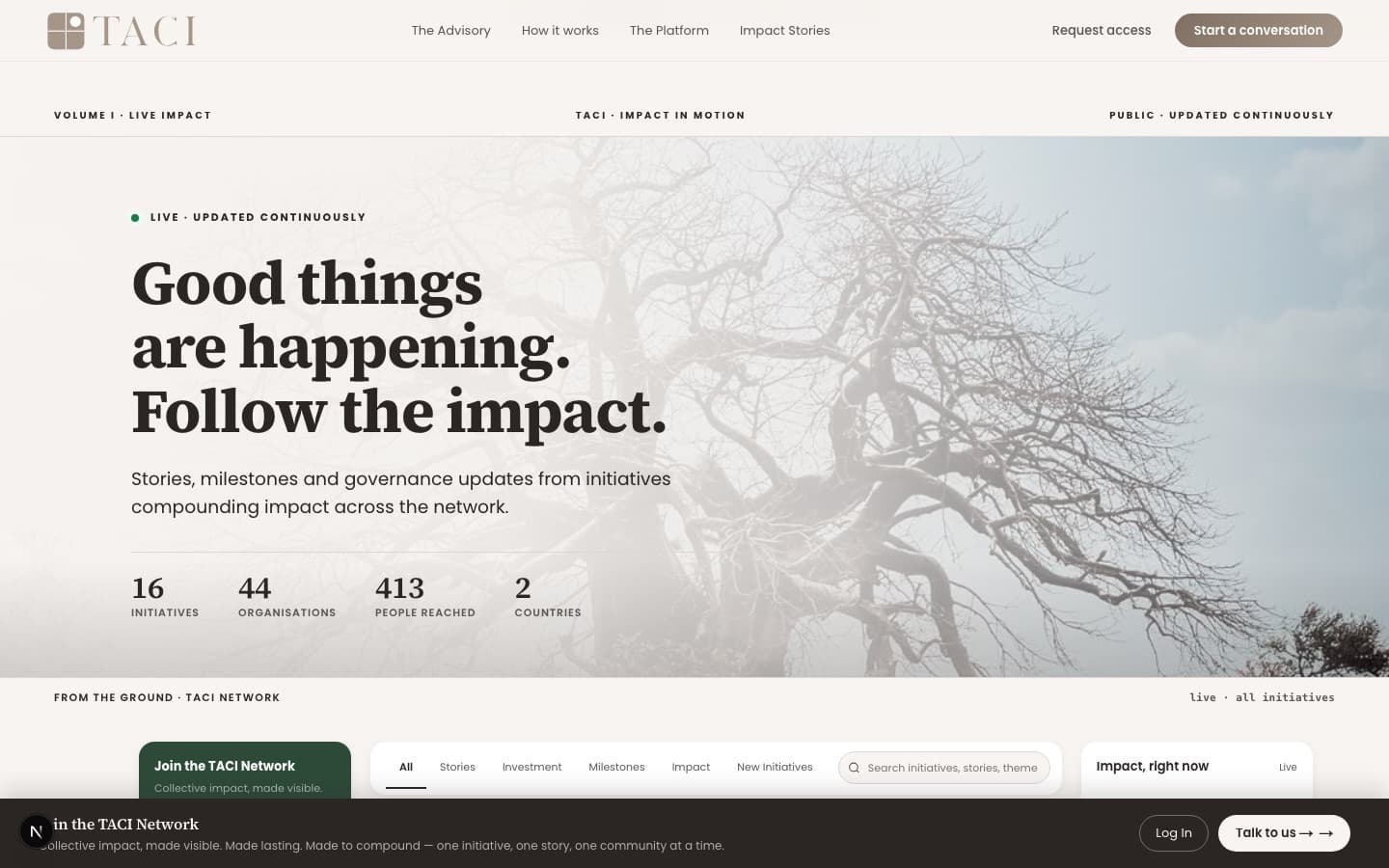 TACI public network feed — Good things are happening headline, live counters for initiatives, organisations, people reached and countries