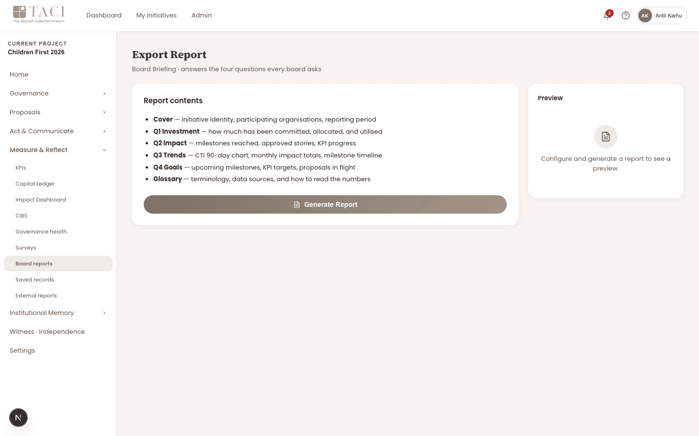 TACI board briefing report configurator — cover, investment, impact, trends, goals, glossary