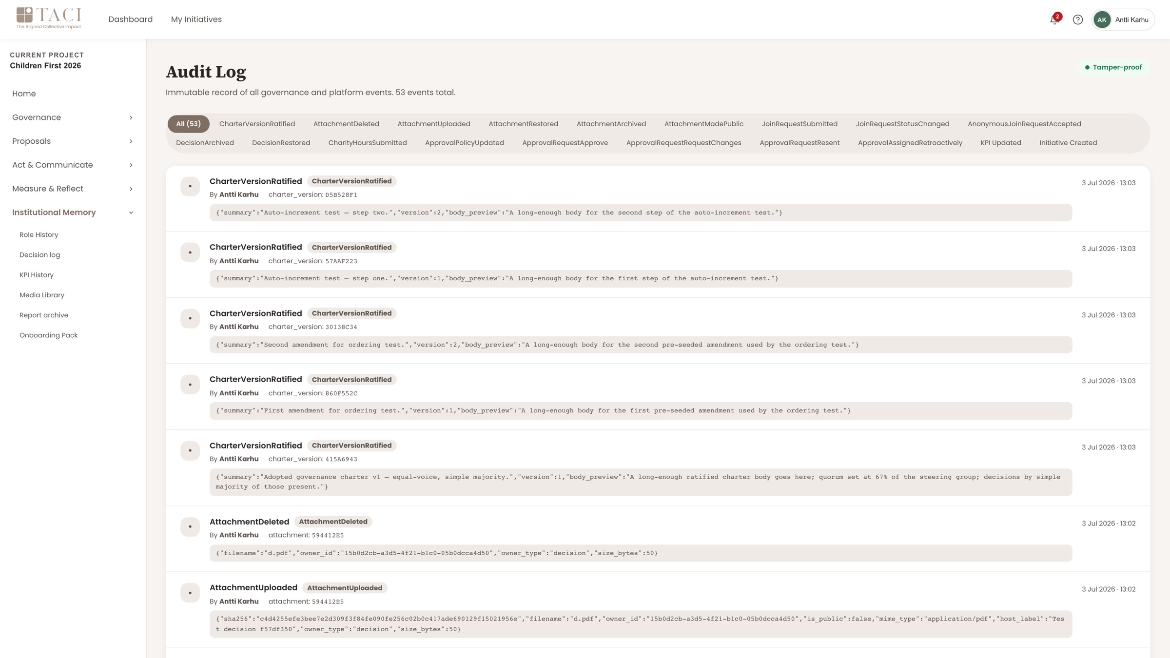 TACI audit log timeline